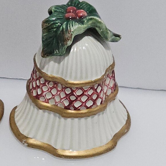 Fitz Floyd Christmas Bells Salt Pepper Shaker Set 3" handpainted vtg Holiday cer - Picture 3 of 7